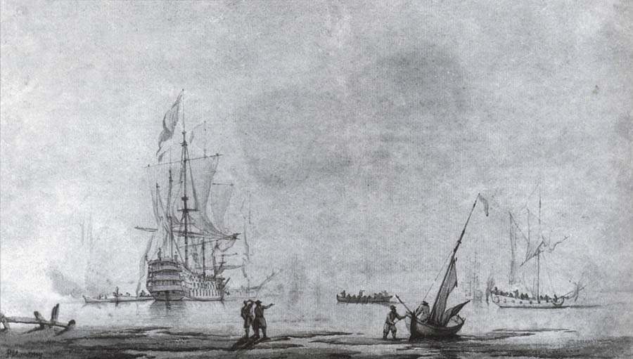 A two-decker man-o-war,stern quarter view,and a yacht in a quiet estuary